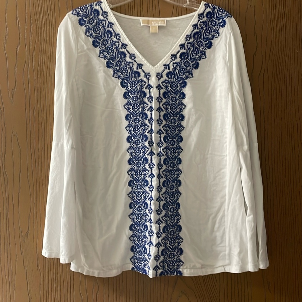 Michael Kors White Embroidered Bell Sleeve ballon sleeve Tunic y2k BOHO Size S